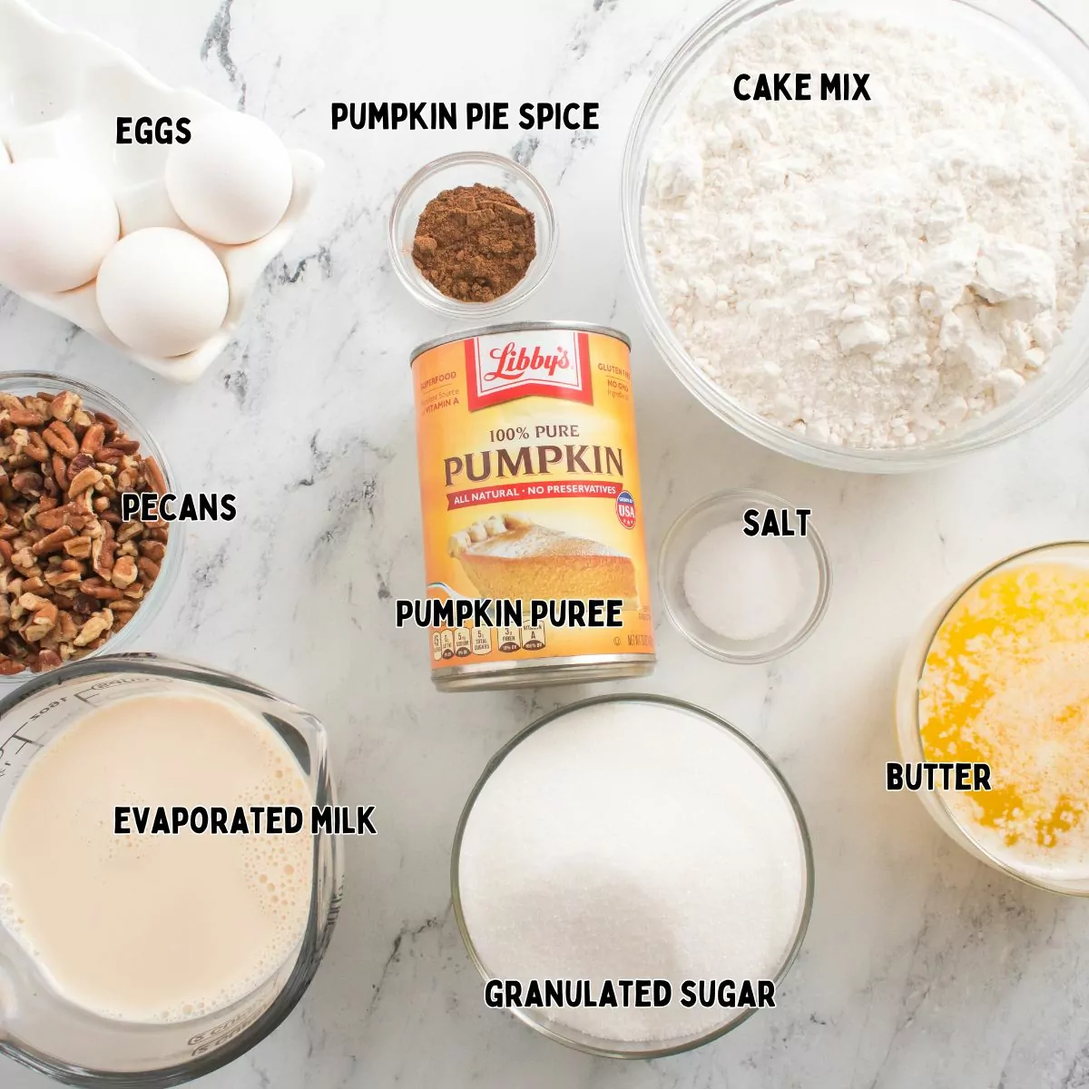 Ingredients for pumpkin crunch cake.