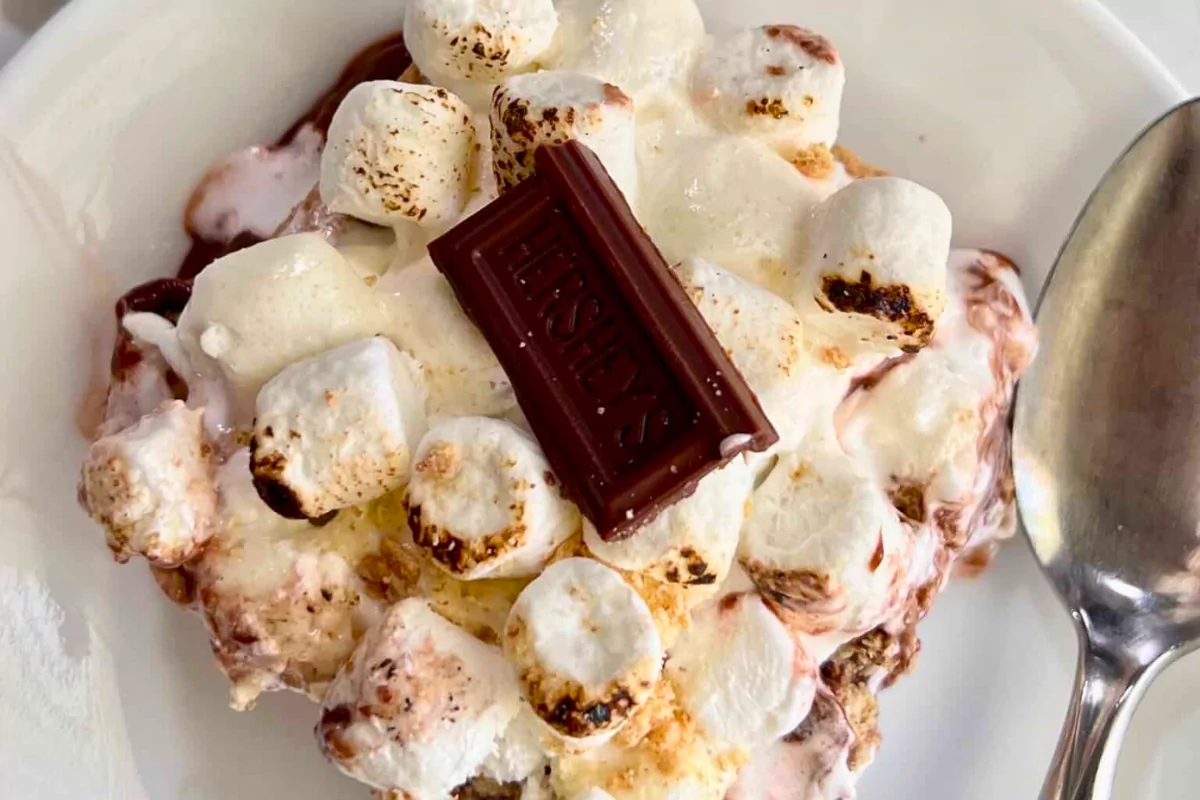 a plate of cake with marshmallows and Hershey bar on top