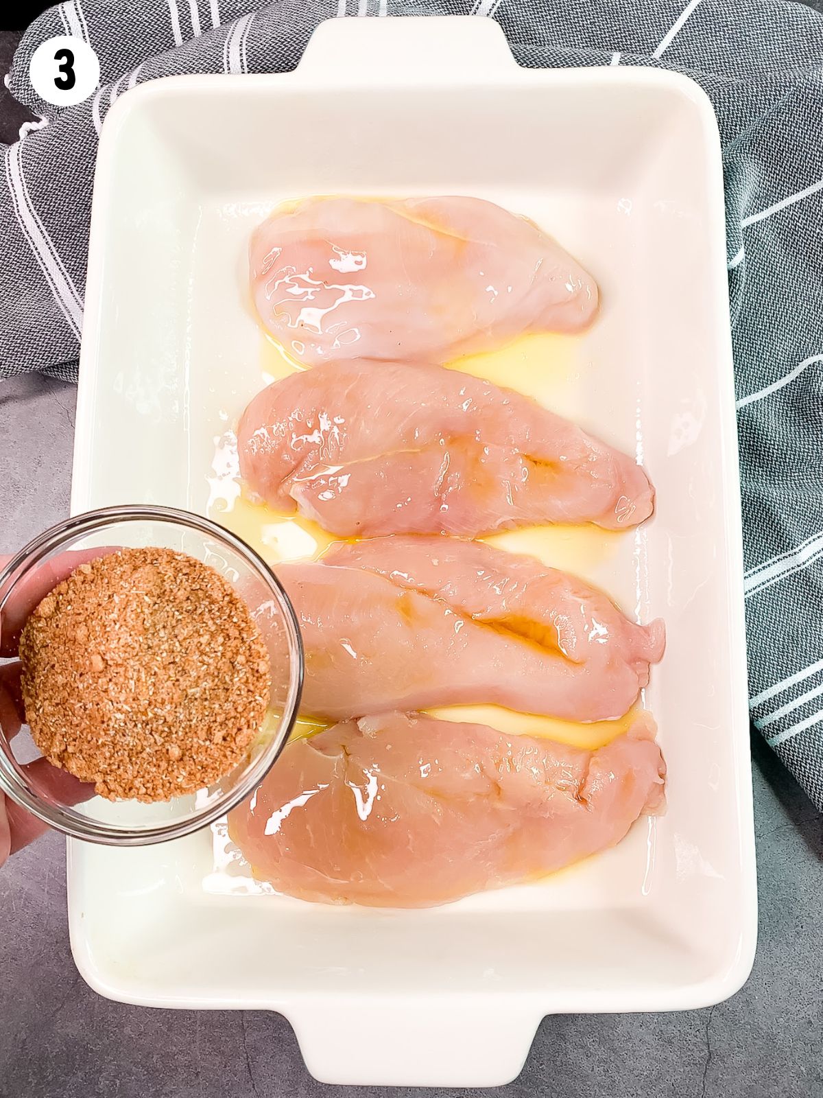 Add seasoning mix to raw chicken.