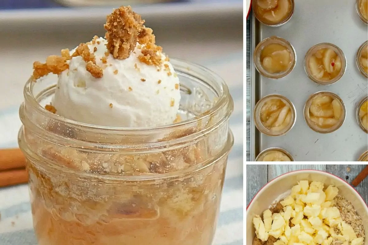 A collage of photos featuring apple crisp baked in mason jars.