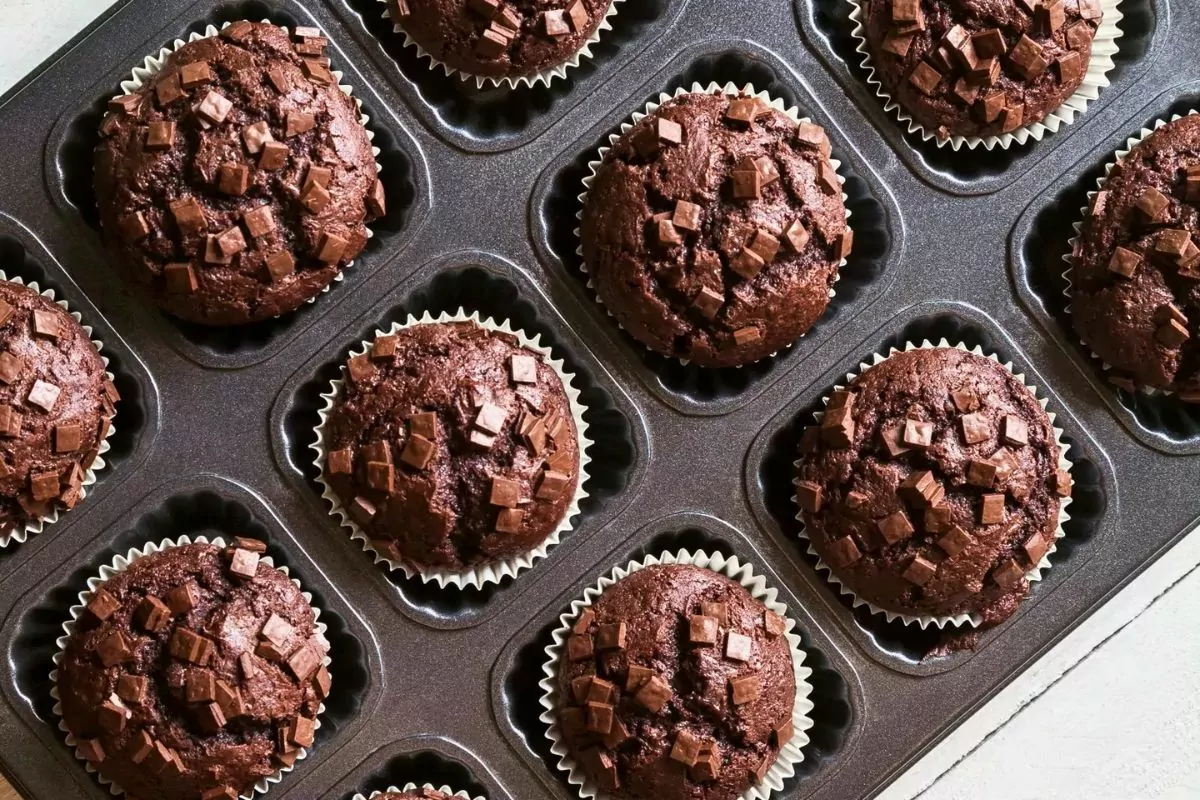 chocolate muffins in muffin pan baked.