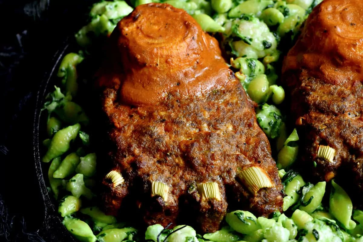 Meatloaf made to look like feet with onion nails and stumps.