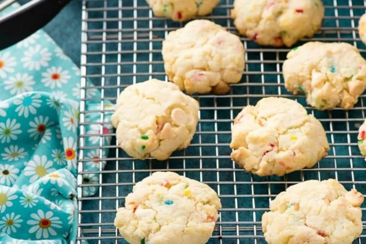 A cooling rack of funfetti cookies.