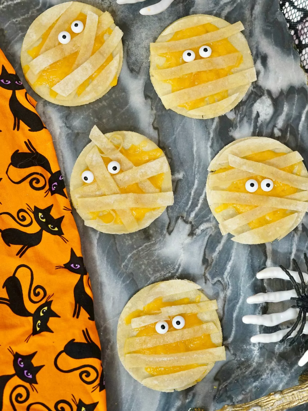 board with quesadillas decorated for Halloween.