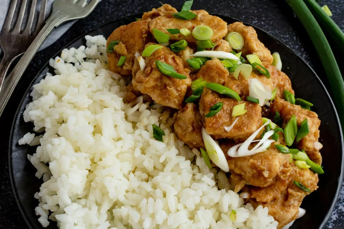 a plate of chicken with green onions scattered on top and white rice to the side.