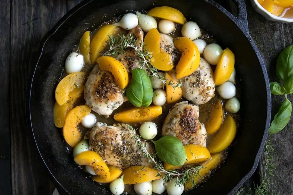 A skillet of pearl onions, peach slices and chicken.