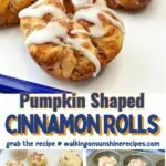 3 photo collage of pumpkin shaped cinnamon rolls.