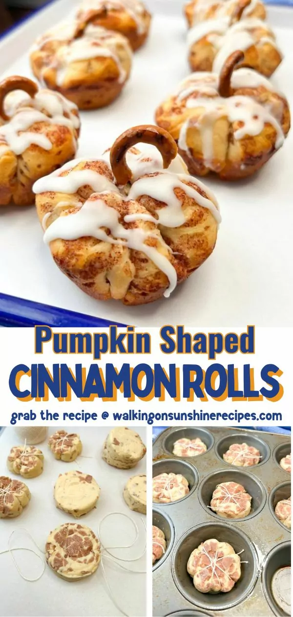 3 photo collage of pumpkin shaped cinnamon rolls.