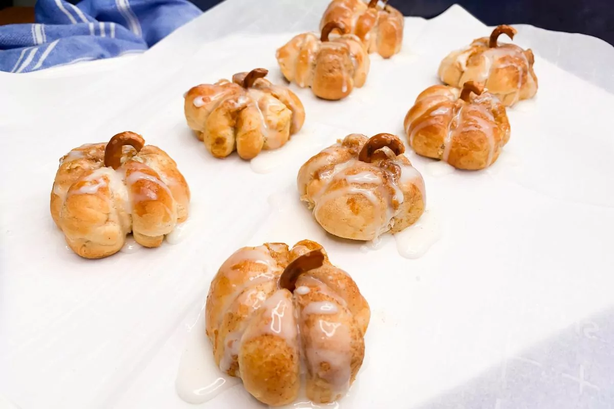 pumpkin crescent rolls MSN with pretzel stems.