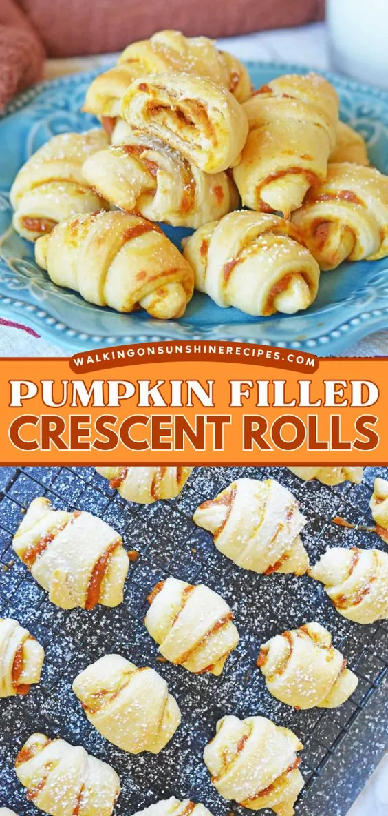 2 photo collage of crescent rolls filled with pumpkin pie filling.