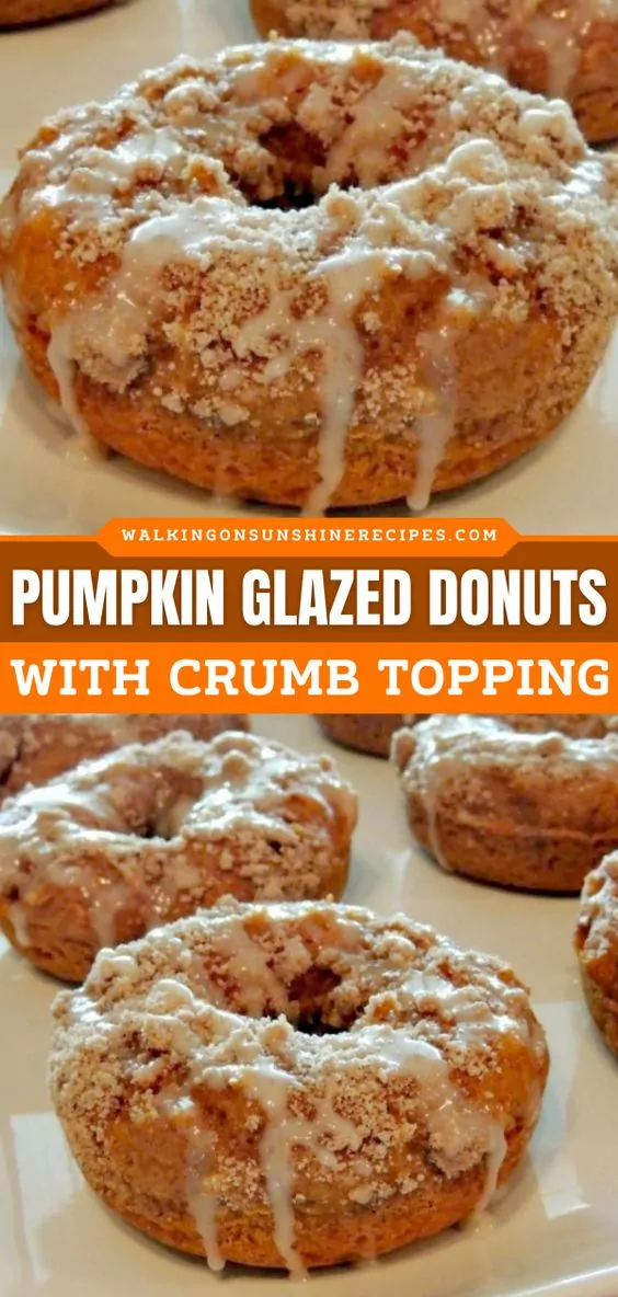 2 photo collage cake mix pumpkin donuts with crumb topping.