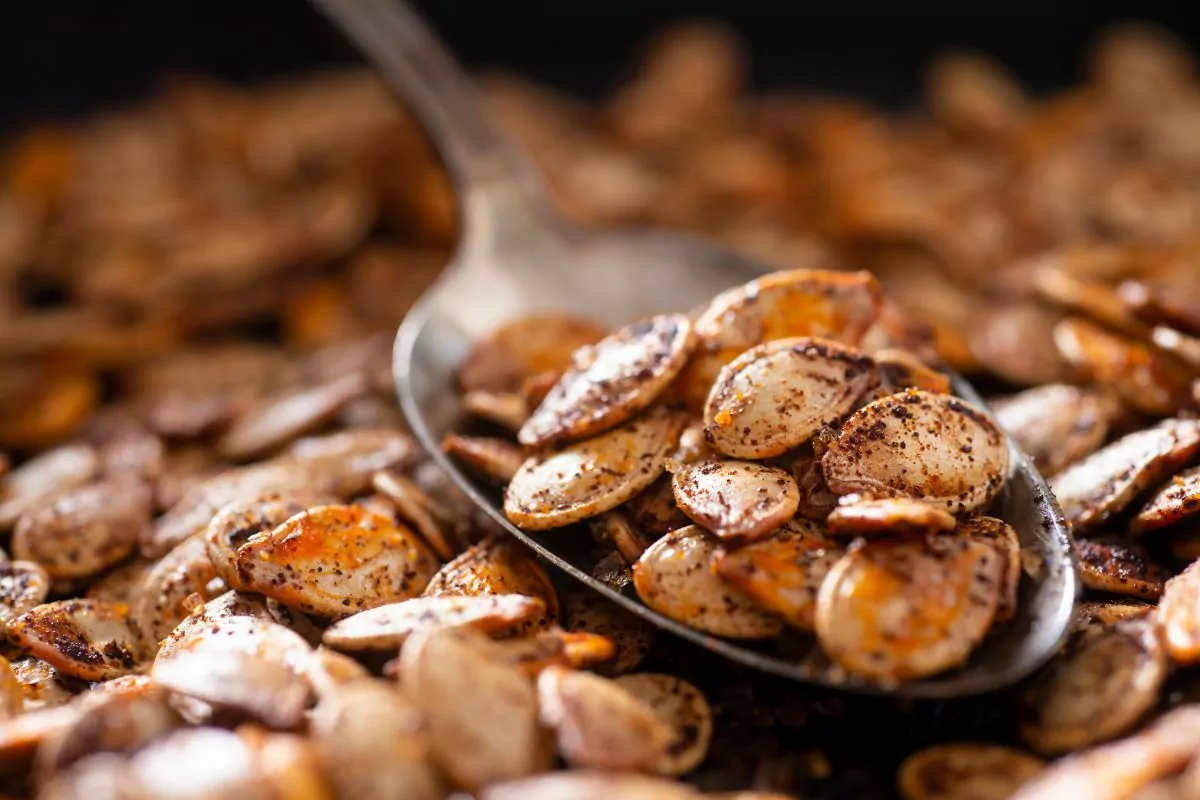 spoon holding roasted pumpkin seeds with seasoning.