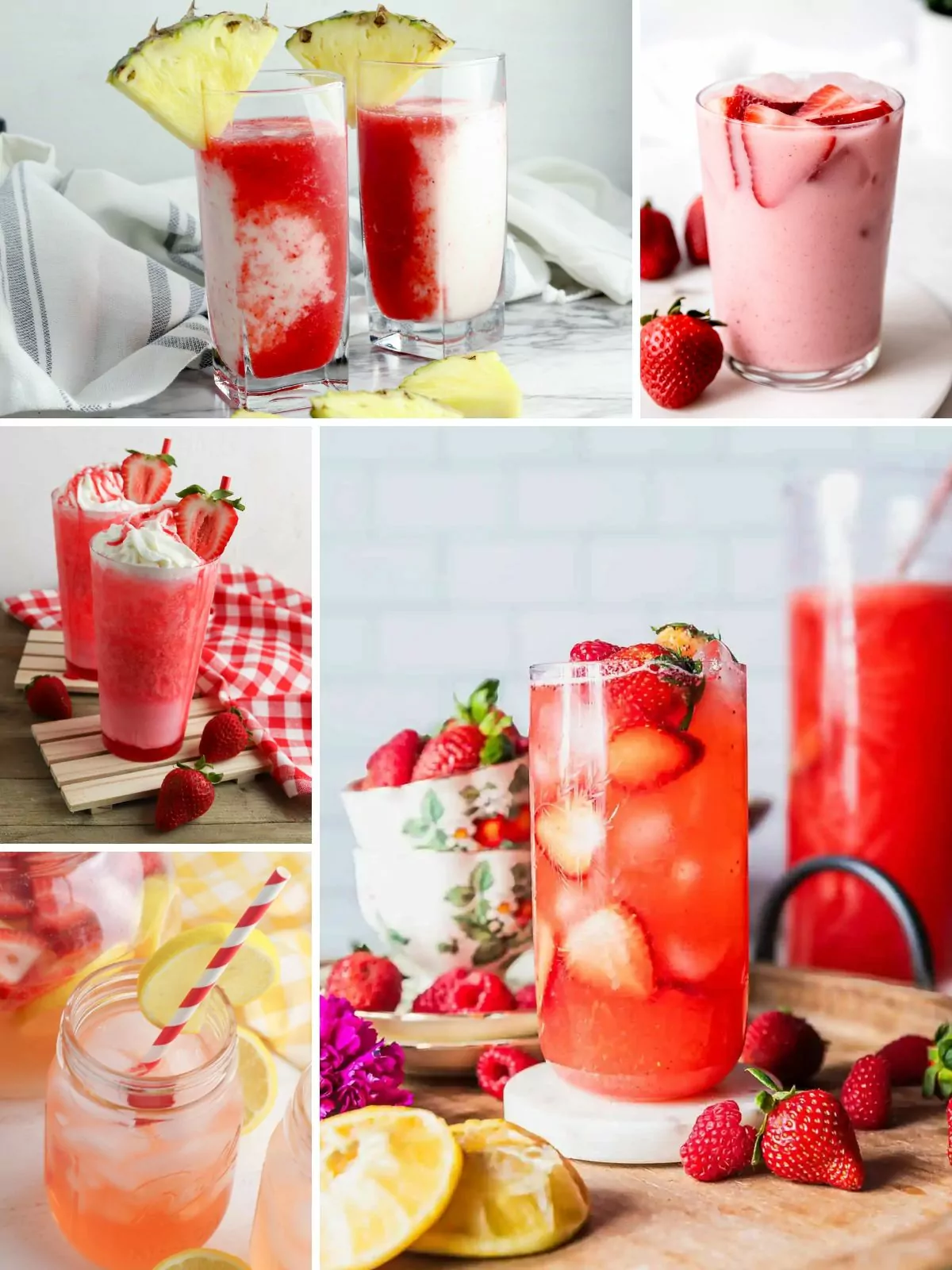 A colorful array of strawberry mocktails, bursting with summer flavors and perfect for a non-alcoholic celebration.