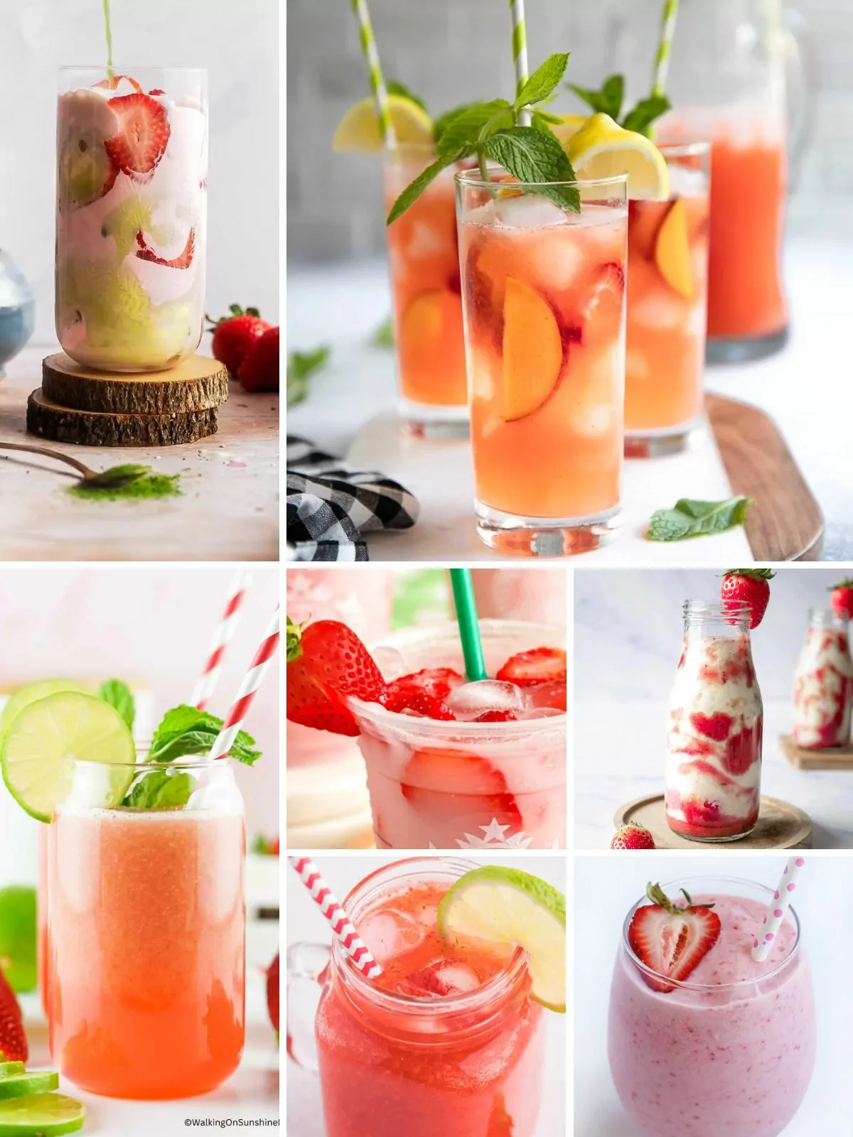 A refreshing collage of vibrant strawberry mocktails, showcasing various garnishes and creative presentations.