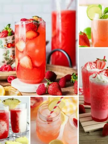 a collage photo of 5 different strawberry fruit mocktails.