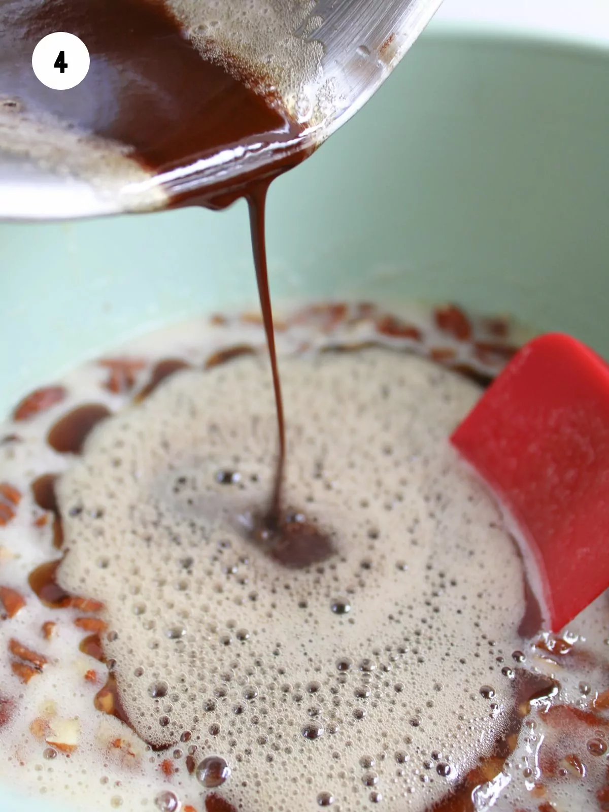 Browned butter being poured into the pie mixture