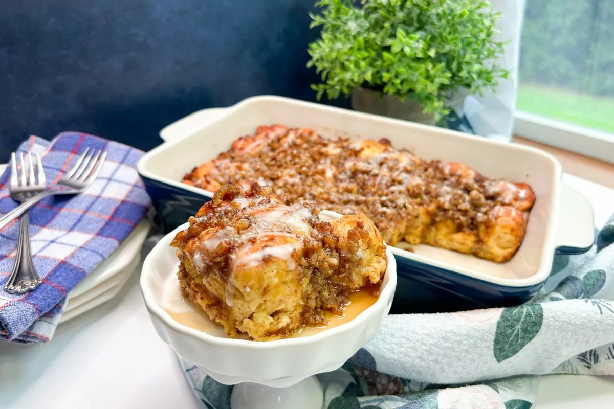 Breakfast Casserole with Cinnamon Rolls and Sausage served.