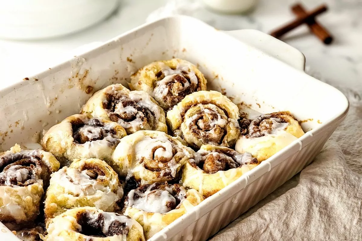 Cinnamon Rolls made with Puff Pastry in a white baking dish