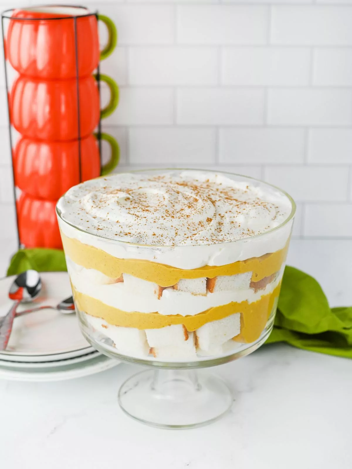 Pumpkin Angel Food Cake Trifle with pumpkin pie spice sprinkled on top