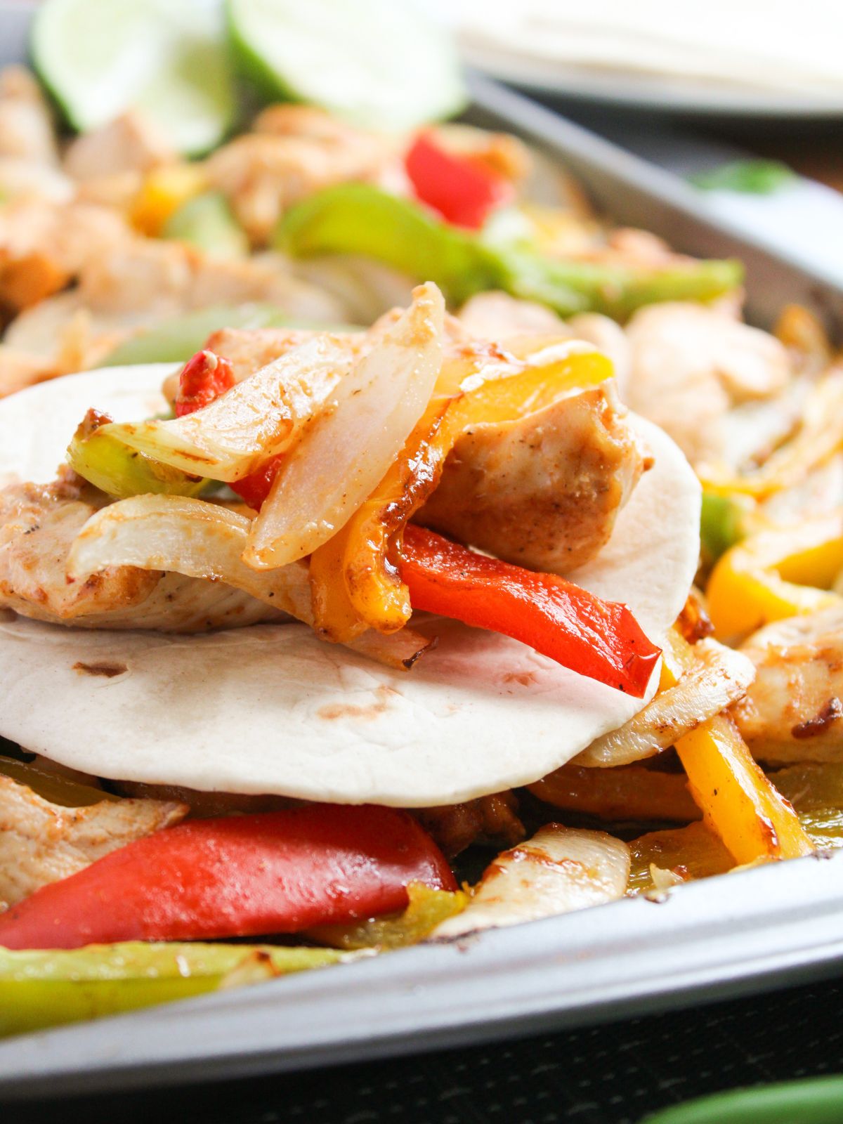 chicken fajitas on a tortilla