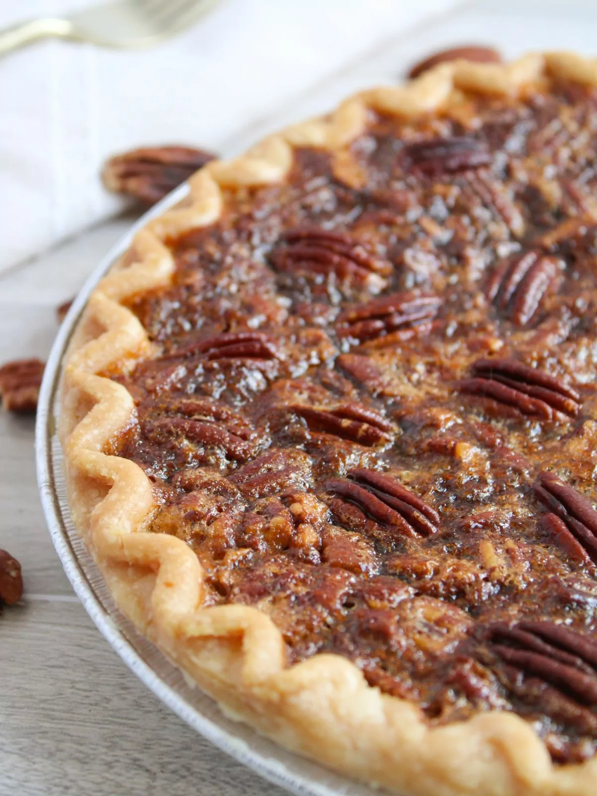 close up of baked pecan pie