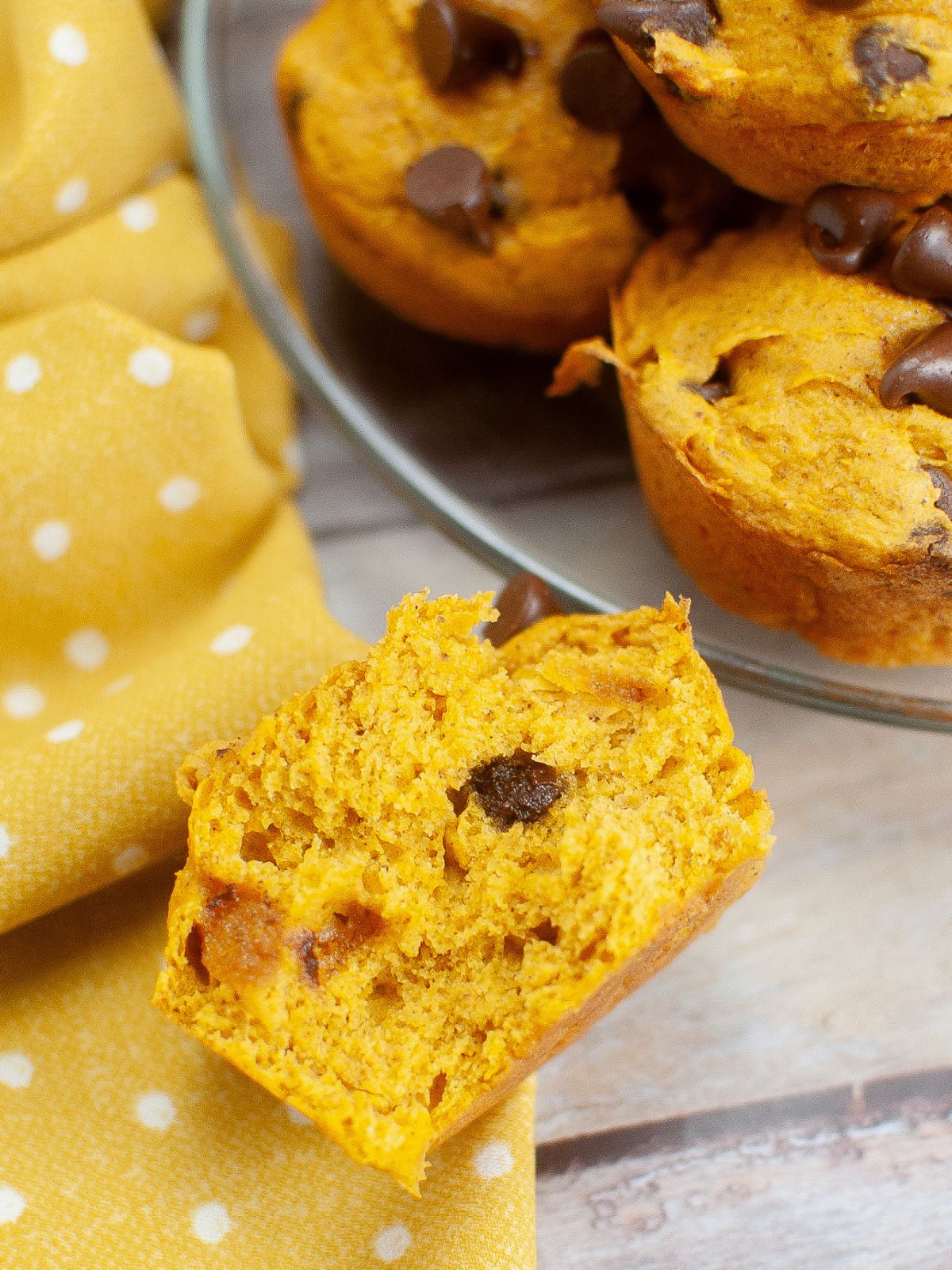 close up of the inside of a chocolate chip pumpkin muffin