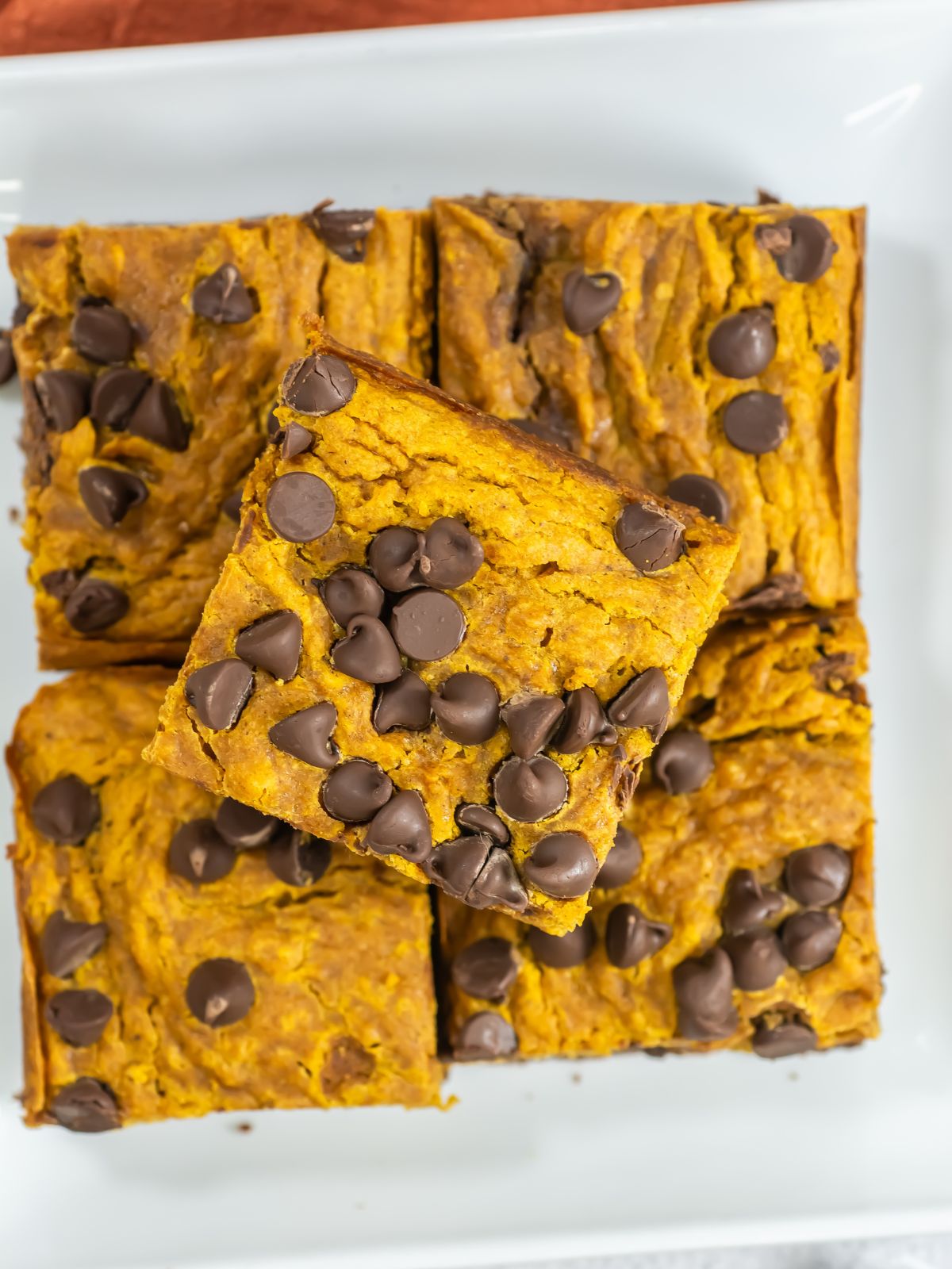overhead view of pumpkin brownies with chocolate chips cut into squares