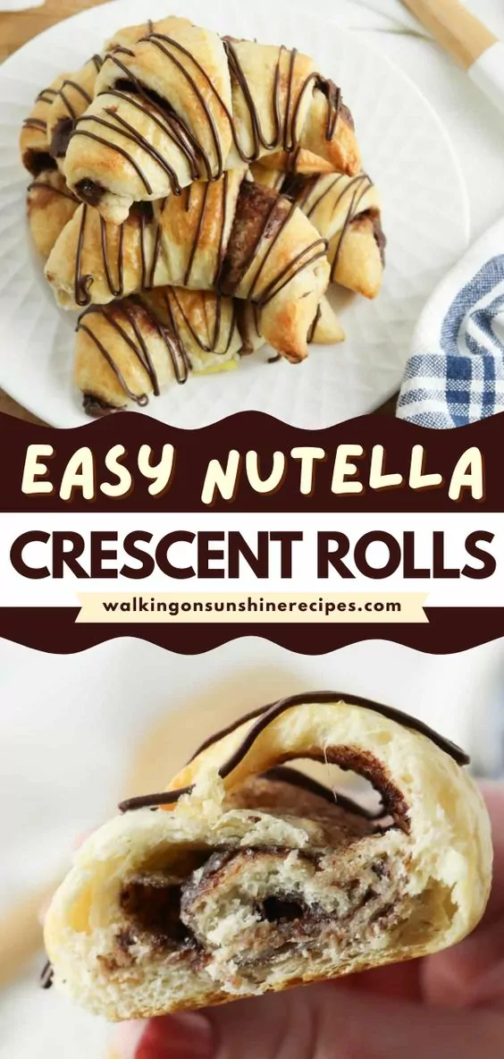 two photos of Nutella crescent rolls. One no plate and one with a bite being held in a hand.