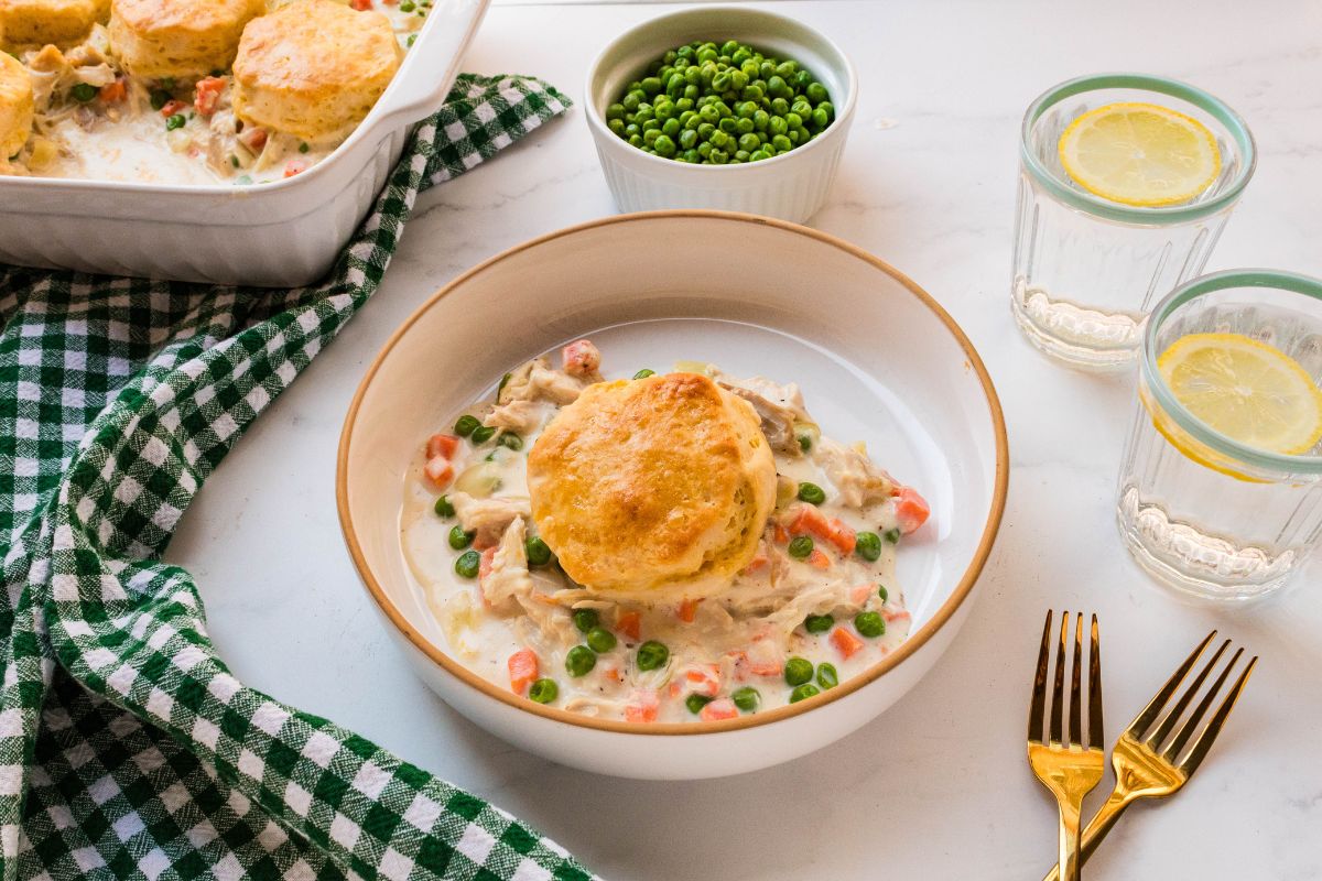 Pillsbury Chicken Pot Pie with Biscuits served in a low white bowl.