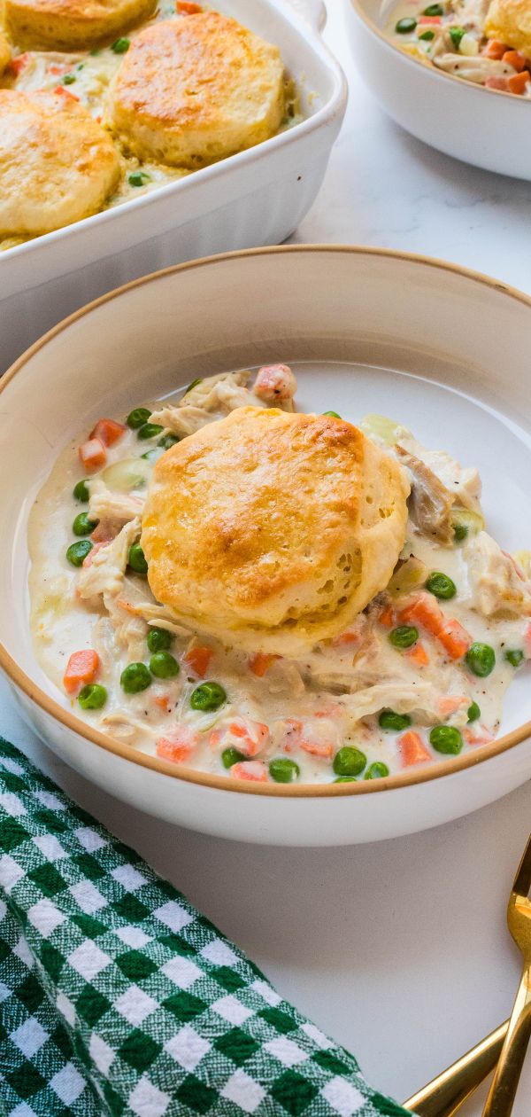 Pillsbury Chicken Pot Pie with Biscuits served in on a white dish