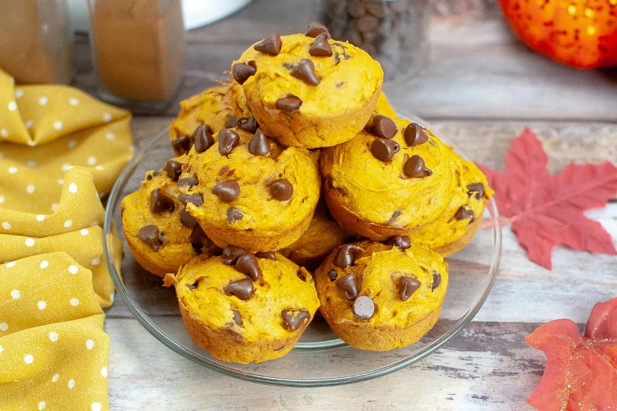 Pumpkin Chocolate Chip Muffins with Cake Mix piled on a plate