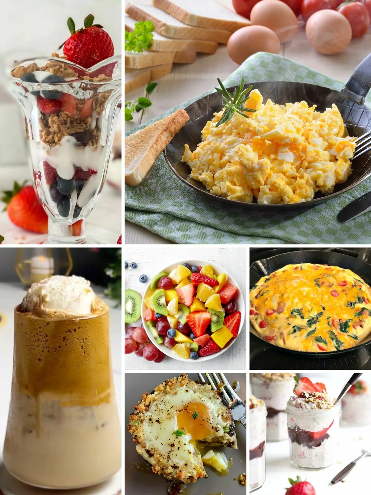 different breakfast recipes, eggs, fruit, granola with yogurt and smoothie.