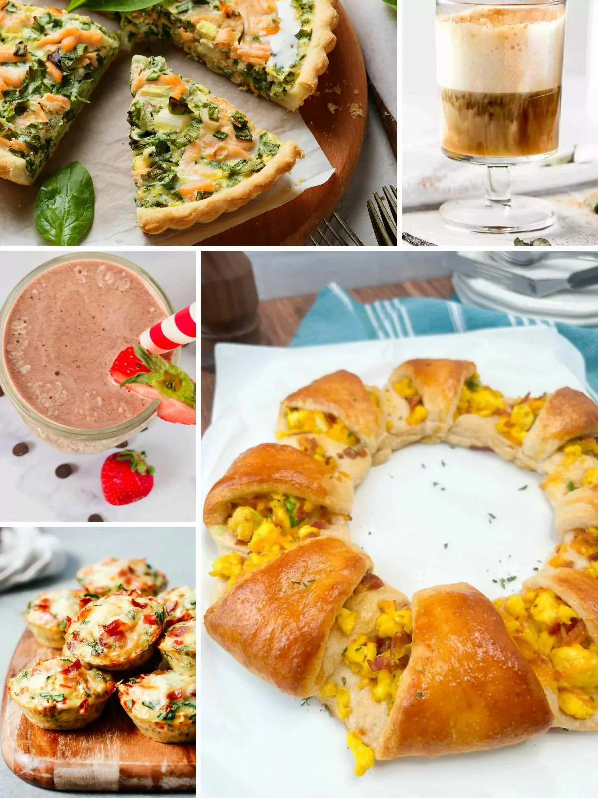 breakfast recipes, quiche, crescent roll ring, smoothies.