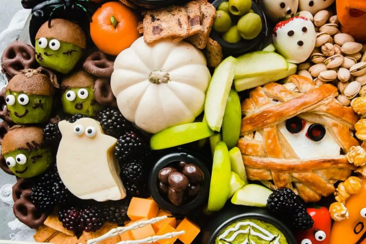 Halloween snack board variety of cheese, fun snacks