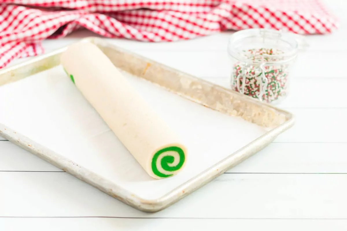 cylinder of vanilla cookie dough on baking tray with parchment paper.