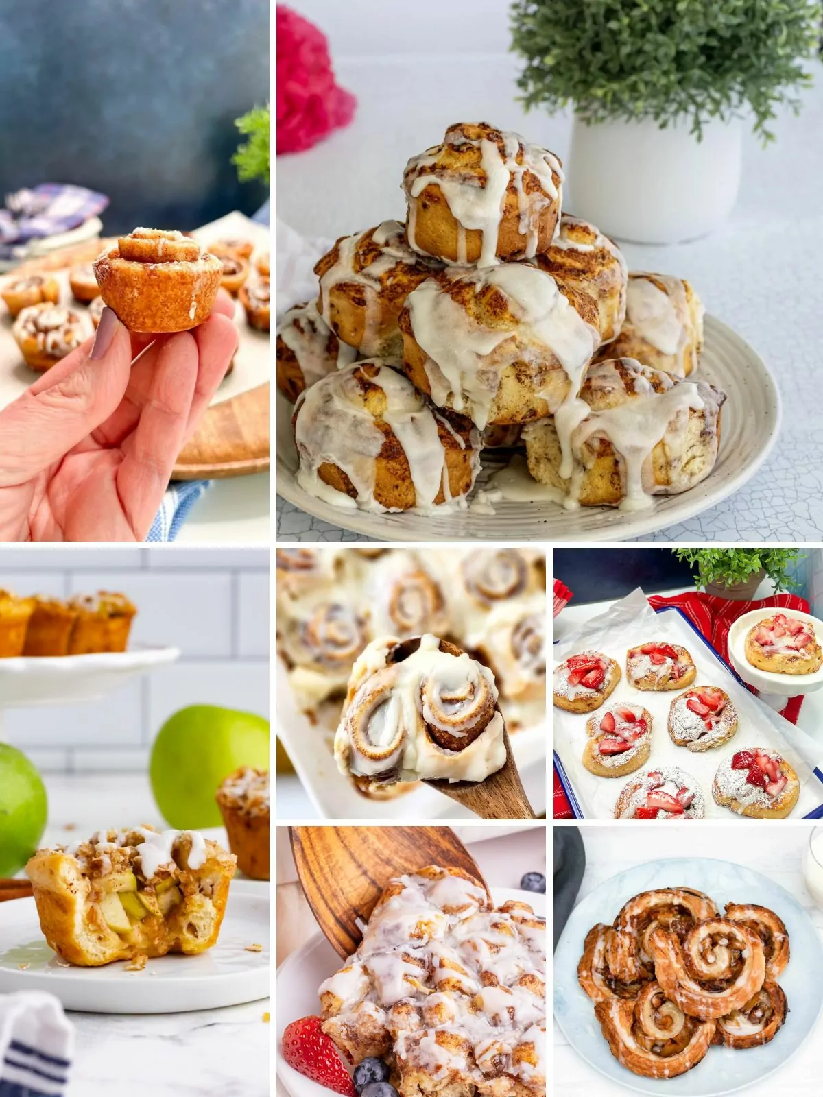 7 different photos of recipes using canned cinnamon rolls.