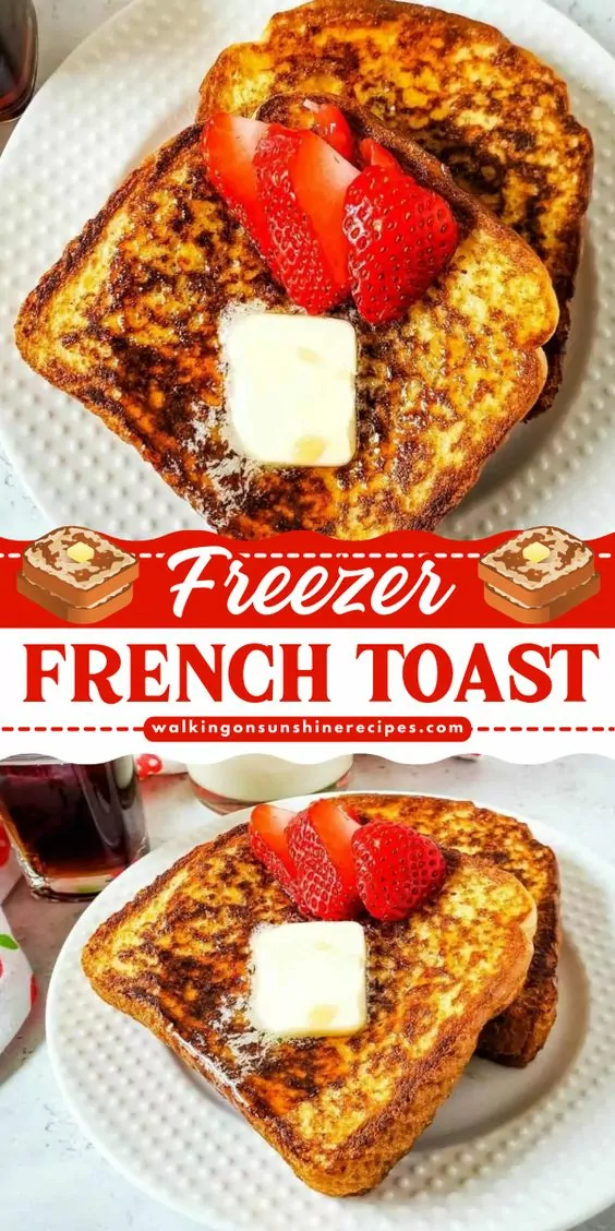 two photo collage of French Toast served on white plates with strawberries, butter and syrup.