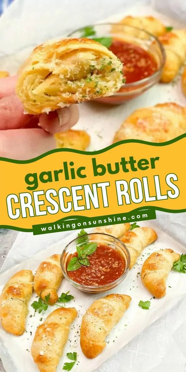 2 different photos of crescent rolls made with homemade garlic butter.