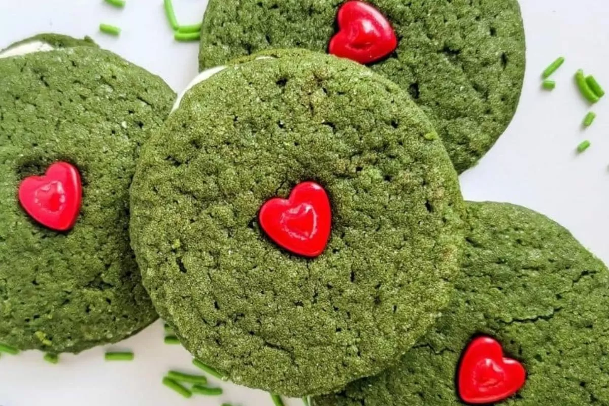 green cookies with heart center toppings