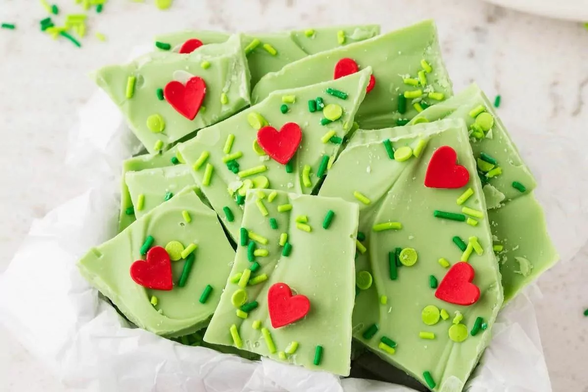 green chocolate bark with heart and yellow green sprinkles