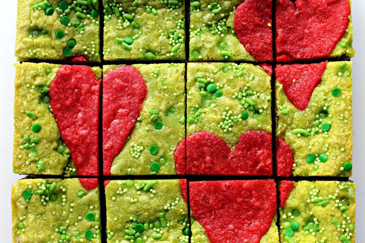 green brownies with heart shaped in a sheet pan