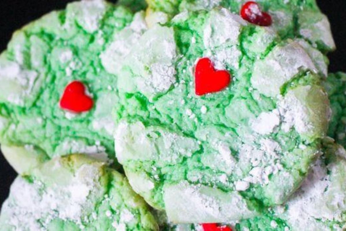 green cake mix cookies with heart sprinkles