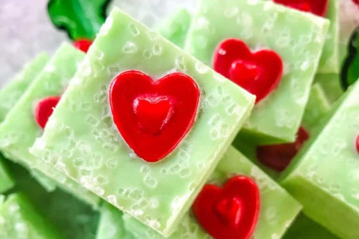 green fudge with heart toppings