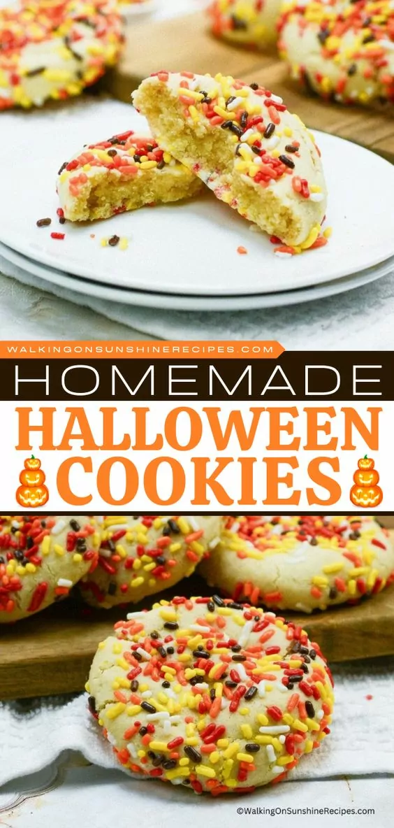 two different photos of sprinkle cookies in Halloween colors.