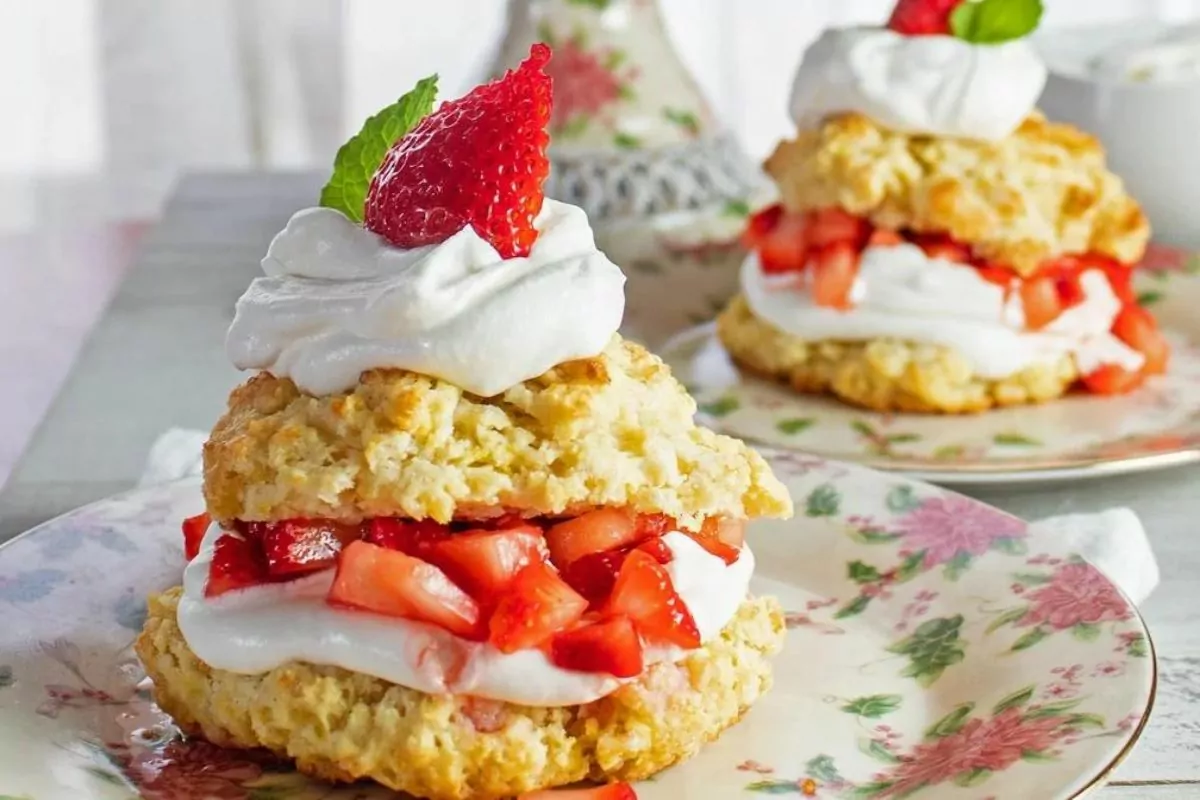 a plate of strawberry shortcake with strawing and cream filling and toppings