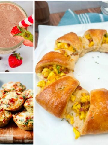 3 photo collage of egg muffins, smoothie and crescent roll breakfast ring.