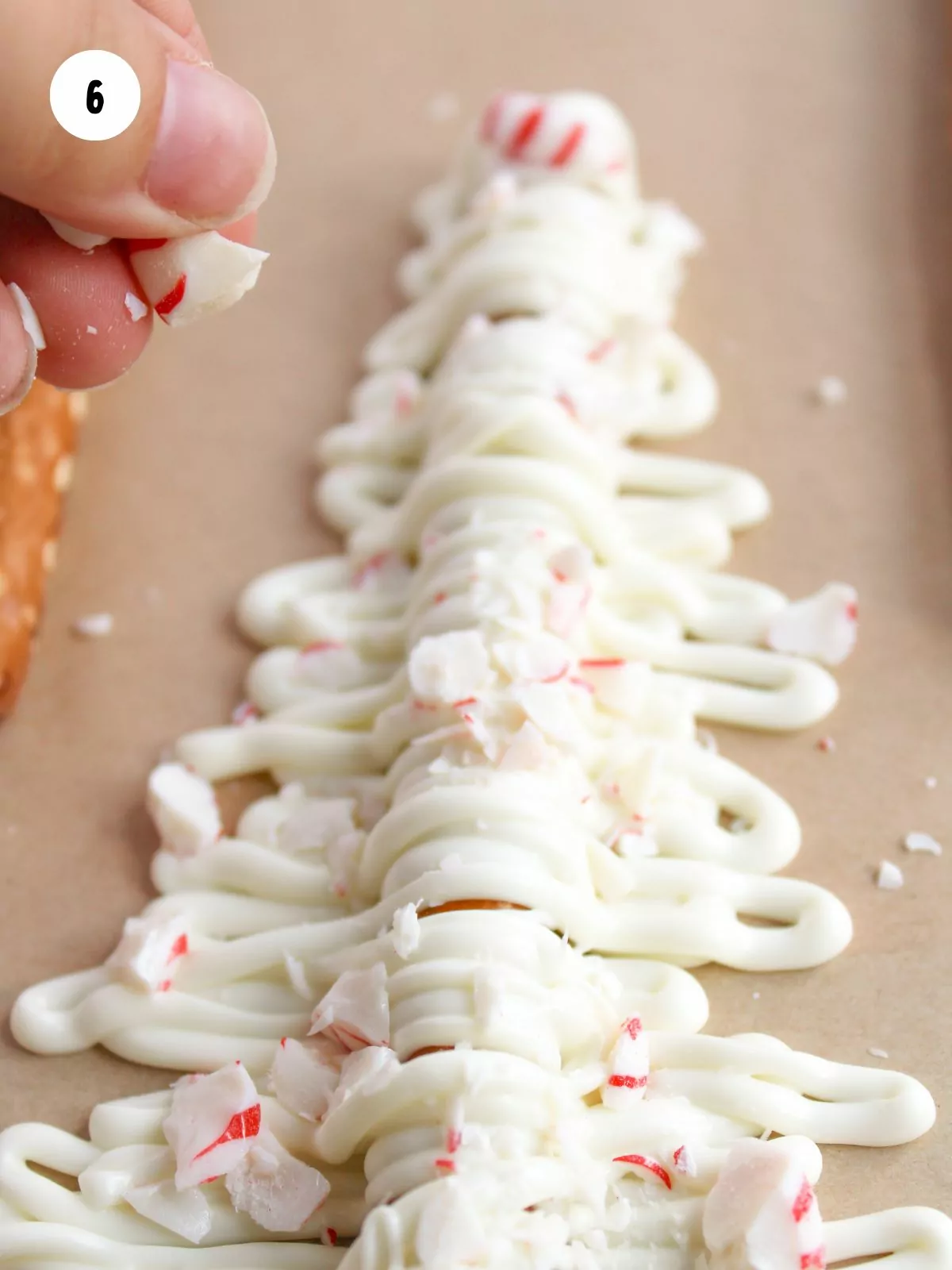 Crushed peppermints added on top of the white chocolate shaped tree