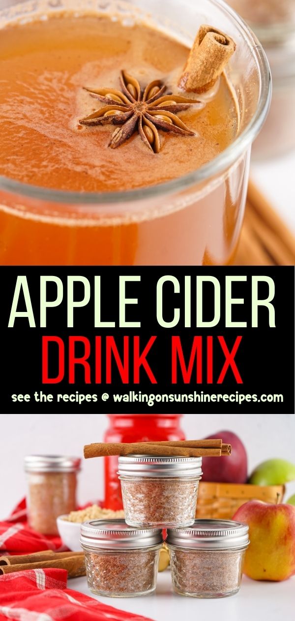 2 different photos of apple cider drink mix.