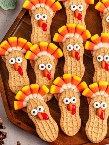 Nutter Butter Turkeys on a wood hexagon platter