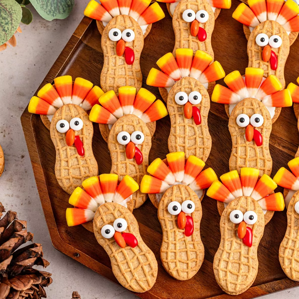 Nutter Butter Turkeys on a wood hexagon platter